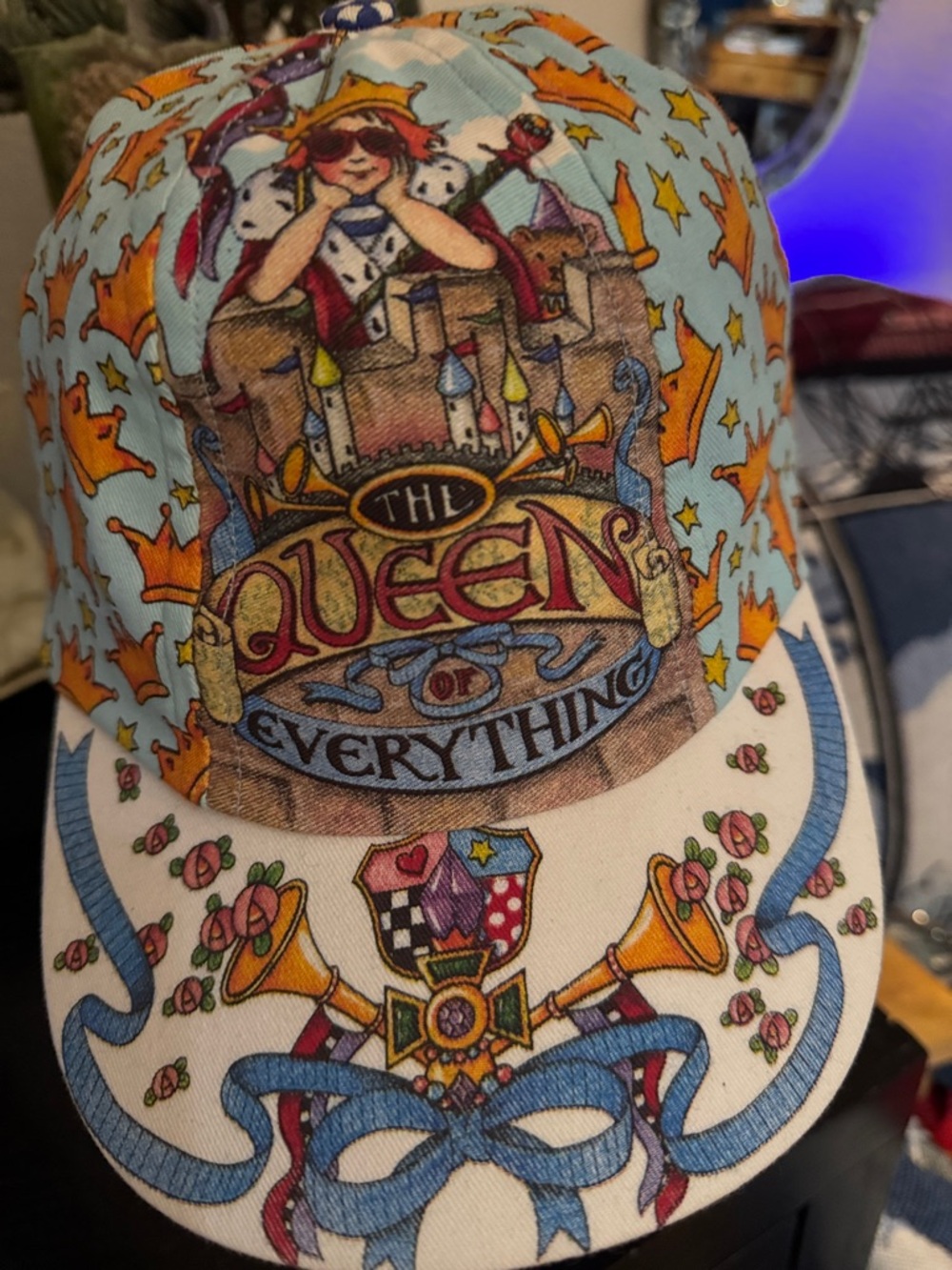 Mary Engelbreit Crown & Queen of Everything Cap in Light Blue& orange